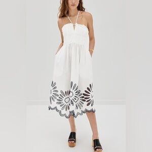 Ulla Johnson White Beatrice Midi Dress with Black Floral Detail | Size 4